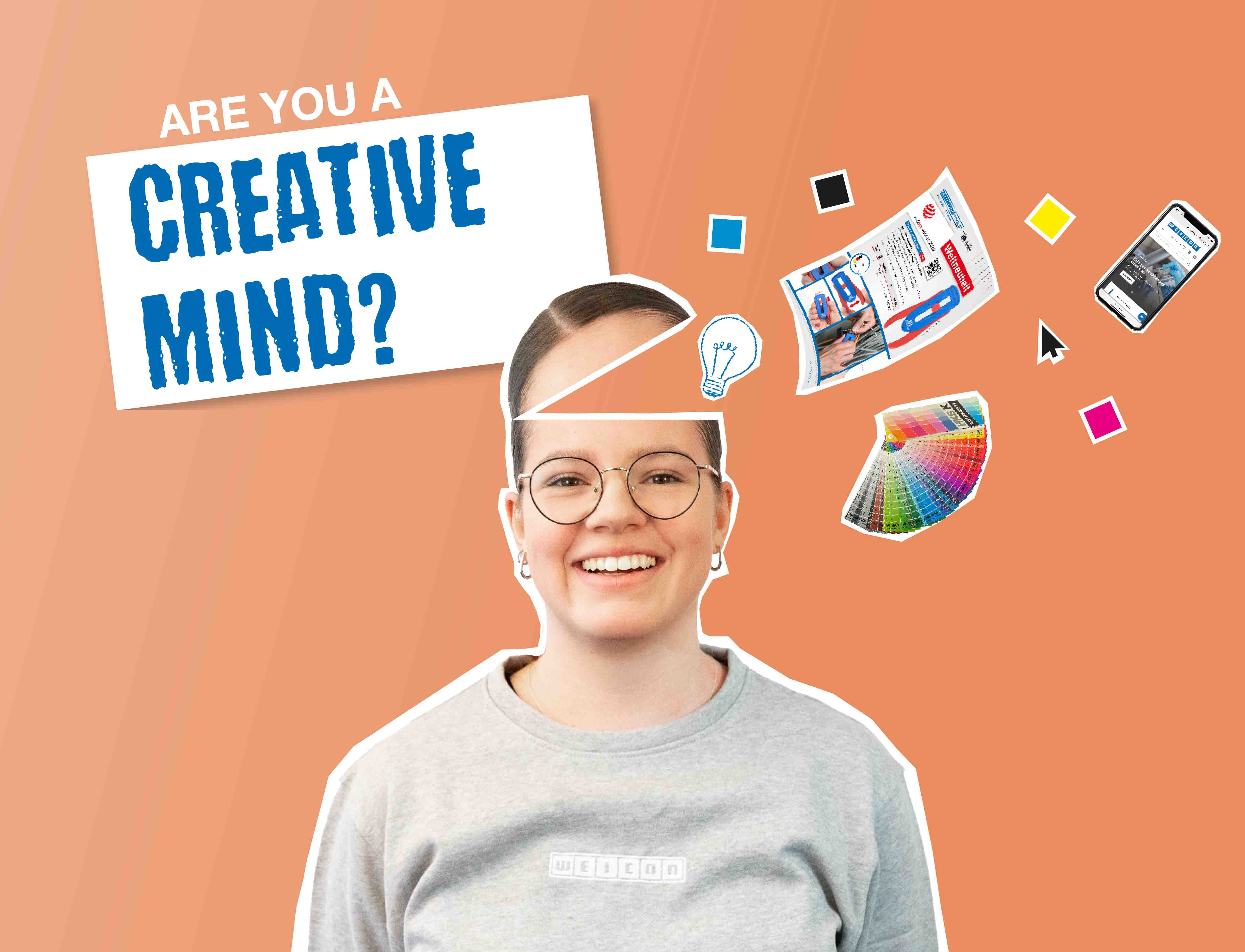 年輕女子敞開頭顱，從中湧出顏料、傳單和手機