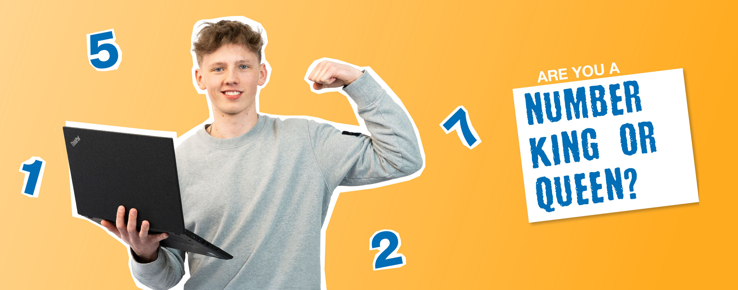 手持筆記型電腦的年輕男子，面帶笑容，周圍環繞著數字，旁邊寫著「你擅長數字嗎？」。