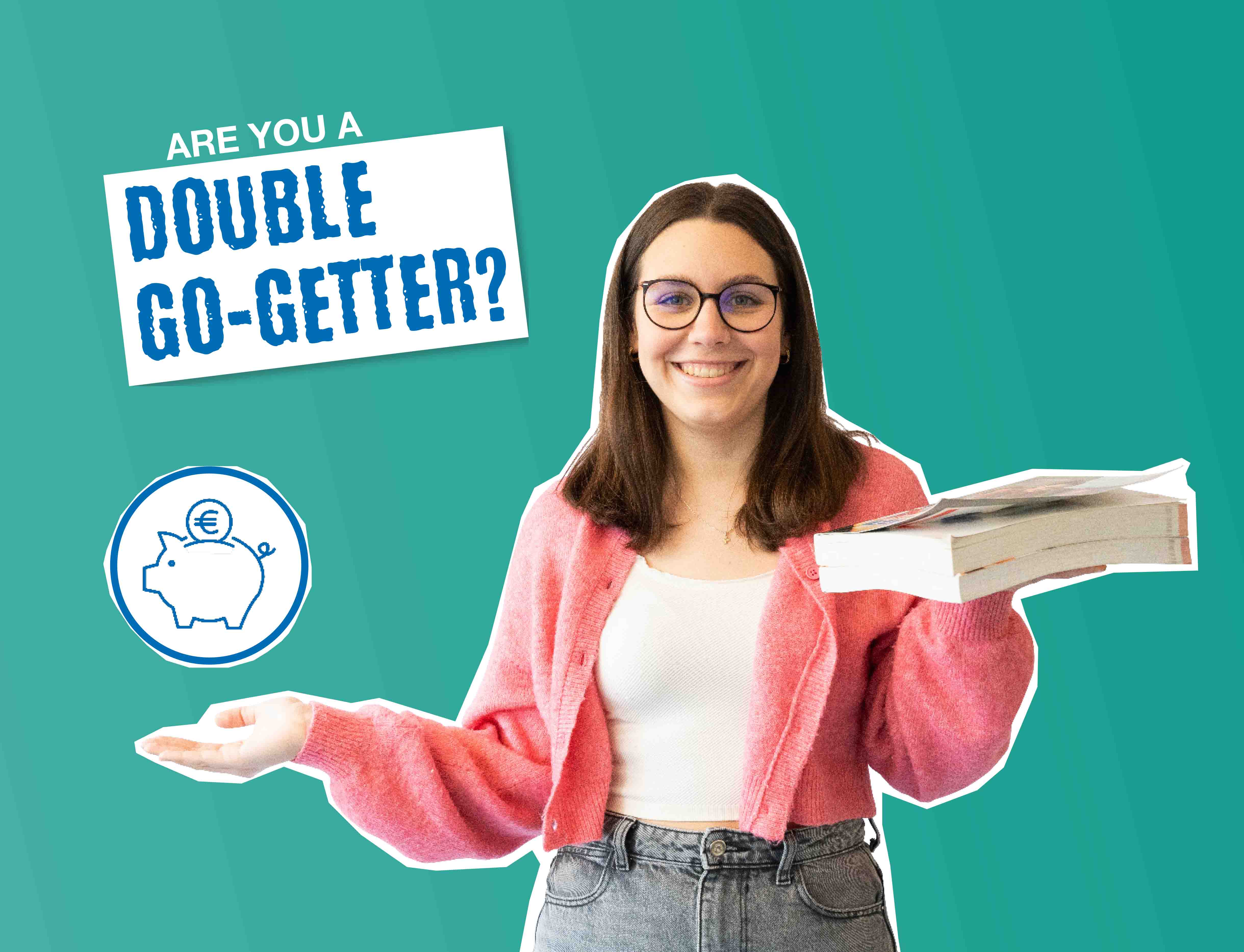 手持書籍的年輕女性，旁邊是存錢罐圖標和手持書籍，文字為「你是雙重起跑者嗎？」。