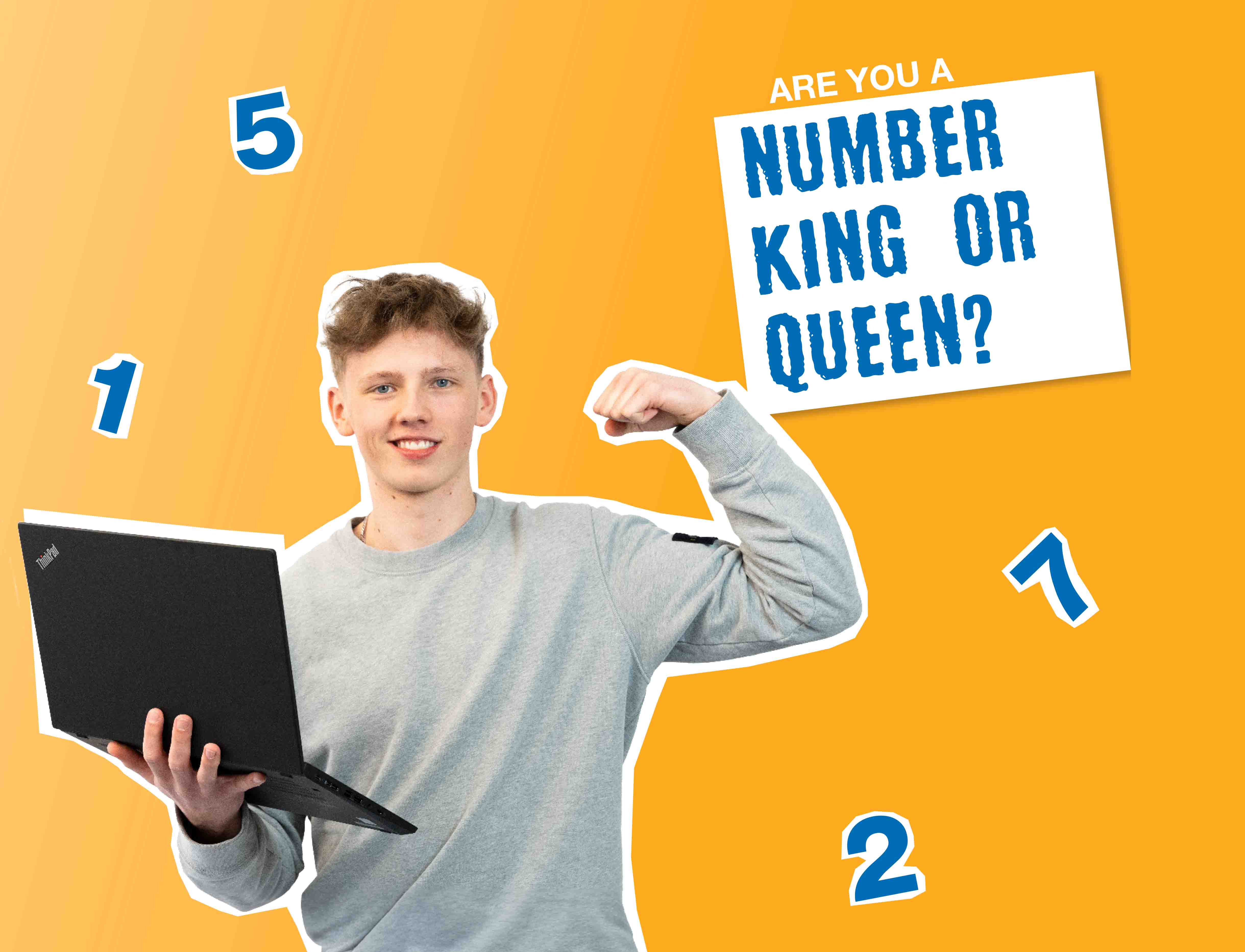 手持筆記型電腦的年輕男子，面帶笑容，周圍環繞著數字，旁邊寫著「你擅長數字嗎？」。