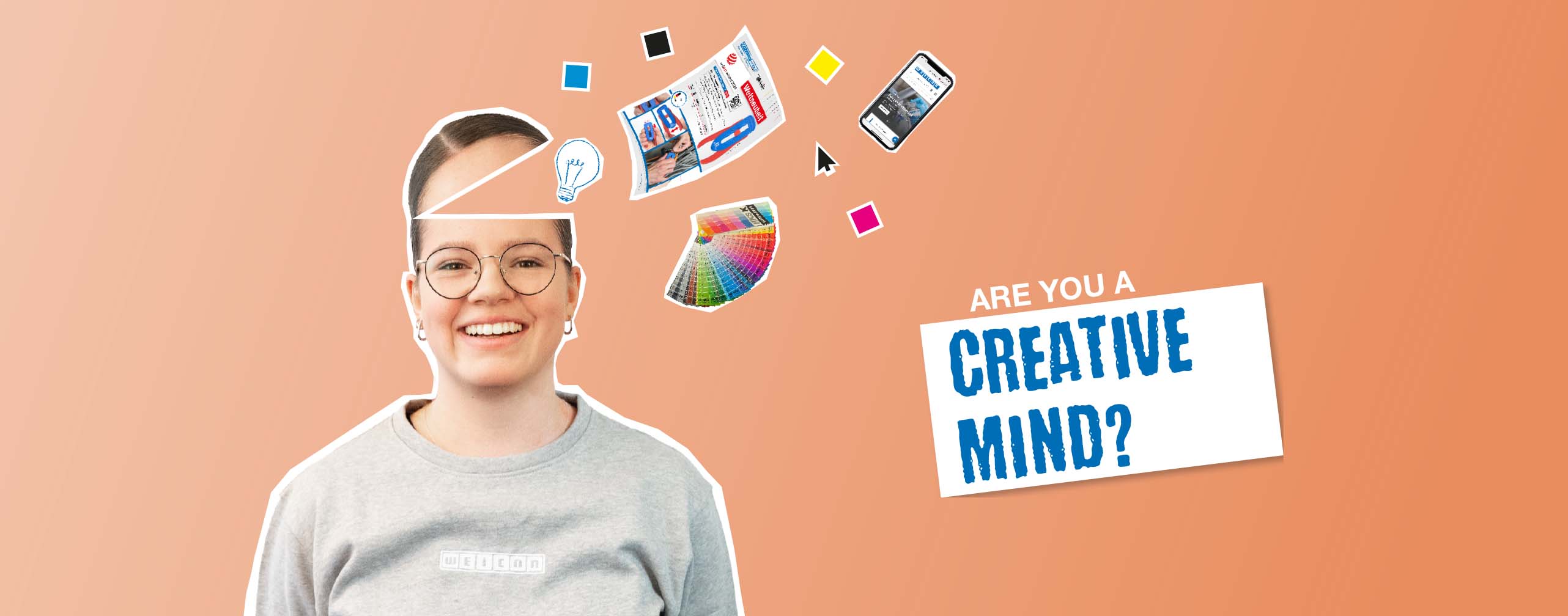 一位思考色彩的微笑年輕女子。